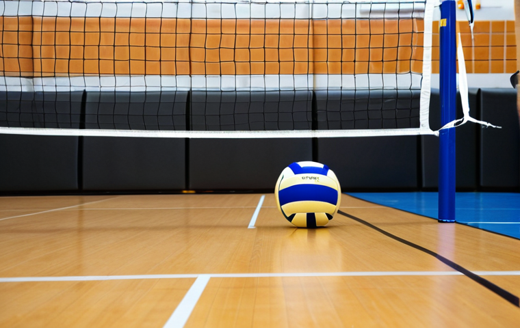 **Quality Material Selection for Volleyball**: An image depicting the selection process of high-quality synthetic and leather materials for volleyball production. Showcase a variety of materials with labels indicating their properties, such as durability and shock absorption, along with a background of a volleyball court.