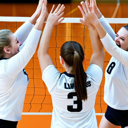 Home 24 **Volleyball team celebrating a win.** Focus on teamwork, joyful expressions, and high-fives. Capture the spirit of camaraderie and victory.