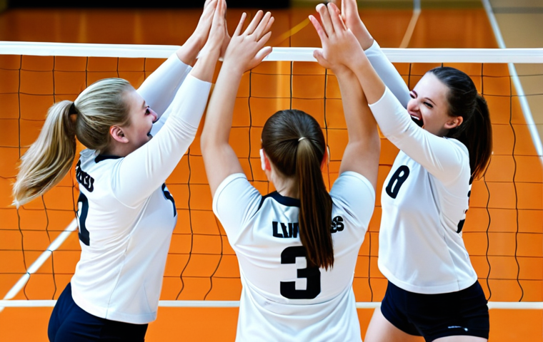 **Volleyball team celebrating a win.** Focus on teamwork, joyful expressions, and high-fives. Capture the spirit of camaraderie and victory.