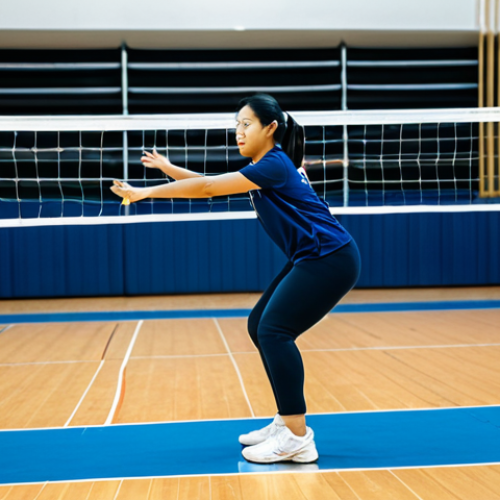 Home 21 A professional Malaysian female volleyball player, fully clothed in modest athletic sportswear, performing dynamic warm-up stretches on an indoor volleyball court. She is focused and determined, with a natural pose and correct proportions, demonstrating agility and readiness. The scene is brightly lit with clean court lines in the background. perfect anatomy, well-formed hands, proper finger count, natural body proportions, professional photography, high quality, safe for work, appropriate content, family-friendly.