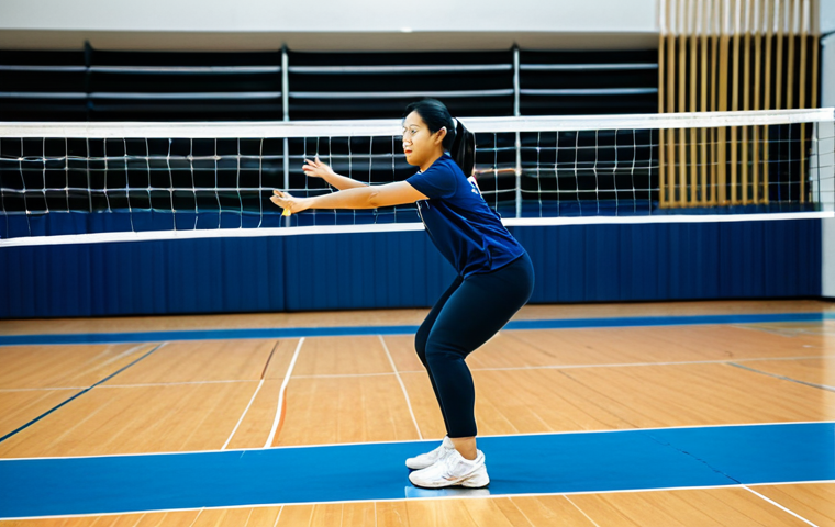 A professional Malaysian female volleyball player, fully clothed in modest athletic sportswear, performing dynamic warm-up stretches on an indoor volleyball court. She is focused and determined, with a natural pose and correct proportions, demonstrating agility and readiness. The scene is brightly lit with clean court lines in the background. perfect anatomy, well-formed hands, proper finger count, natural body proportions, professional photography, high quality, safe for work, appropriate content, family-friendly.