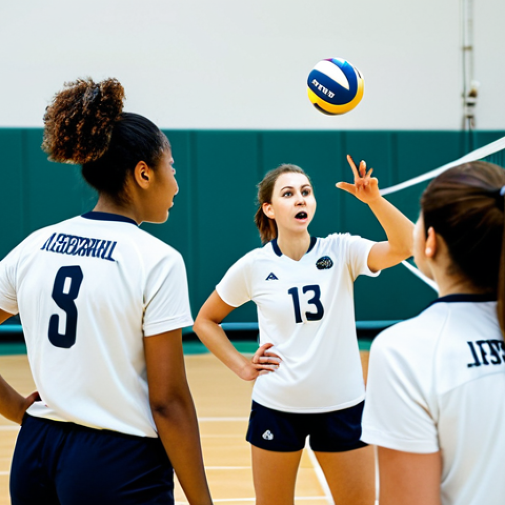 A diverse team of professional volleyball players on a bright indoor court, fully clothed in modest, professional team uniforms. One player is actively communicating with teammates, pointing and calling out directions, while another prepares to set the ball, and others are in dynamic ready positions. The image captures strong teamwork and clear communication, with players exhibiting focused expressions, perfect anatomy, correct proportions, and well-formed hands. The setting is a modern, well-lit volleyball arena during a competitive game. Professional sports photography, high detail, crisp image, natural body proportions, safe for work, appropriate content, family-friendly.