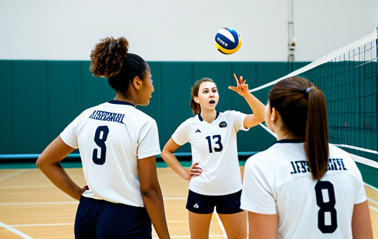 A diverse team of professional volleyball players on a bright indoor court, fully clothed in modest, professional team uniforms. One player is actively communicating with teammates, pointing and calling out directions, while another prepares to set the ball, and others are in dynamic ready positions. The image captures strong teamwork and clear communication, with players exhibiting focused expressions, perfect anatomy, correct proportions, and well-formed hands. The setting is a modern, well-lit volleyball arena during a competitive game. Professional sports photography, high detail, crisp image, natural body proportions, safe for work, appropriate content, family-friendly.