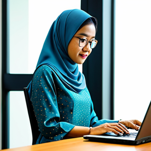 ** A professional Malaysian woman in a modest baju kurung, working on a laptop at a brightly lit coworking space in Kuala Lumpur, fully clothed, appropriate attire, safe for work, perfect anatomy, natural proportions, professional photography, high quality, family-friendly.

**