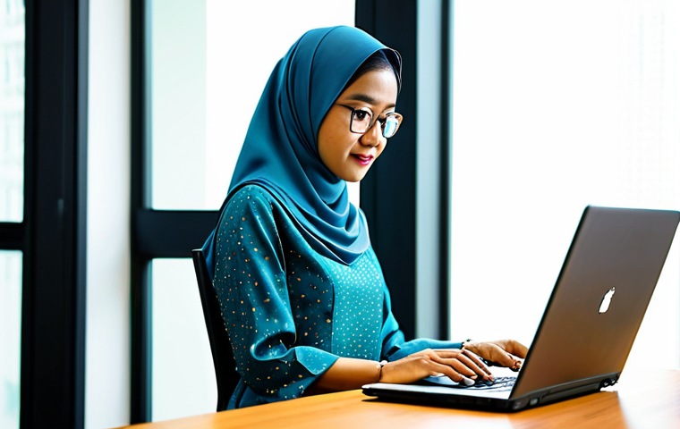 ** A professional Malaysian woman in a modest baju kurung, working on a laptop at a brightly lit coworking space in Kuala Lumpur, fully clothed, appropriate attire, safe for work, perfect anatomy, natural proportions, professional photography, high quality, family-friendly.

**