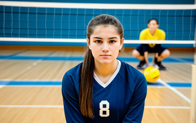 Focused Volleyball Player**

A young woman in a fully clothed, modest volleyball uniform, deeply focused, preparing to serve the ball on an indoor court, appropriate attire, safe for work, perfect anatomy, correct proportions, natural pose, professional sports photography, high quality, bright lighting, family-friendly. The background shows a slightly blurred volleyball team in supportive stances.

**