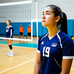 Pre-Game Focus**

"A volleyball player, fully clothed in team uniform, practicing deep breathing on the sidelines of a brightly lit indoor volleyball court. Other teammates are visible in the background, also preparing for a match. Focus on the player's calm expression and posture. Safe for work, appropriate content, perfect anatomy, natural proportions, professional sports photography, family-friendly."

**